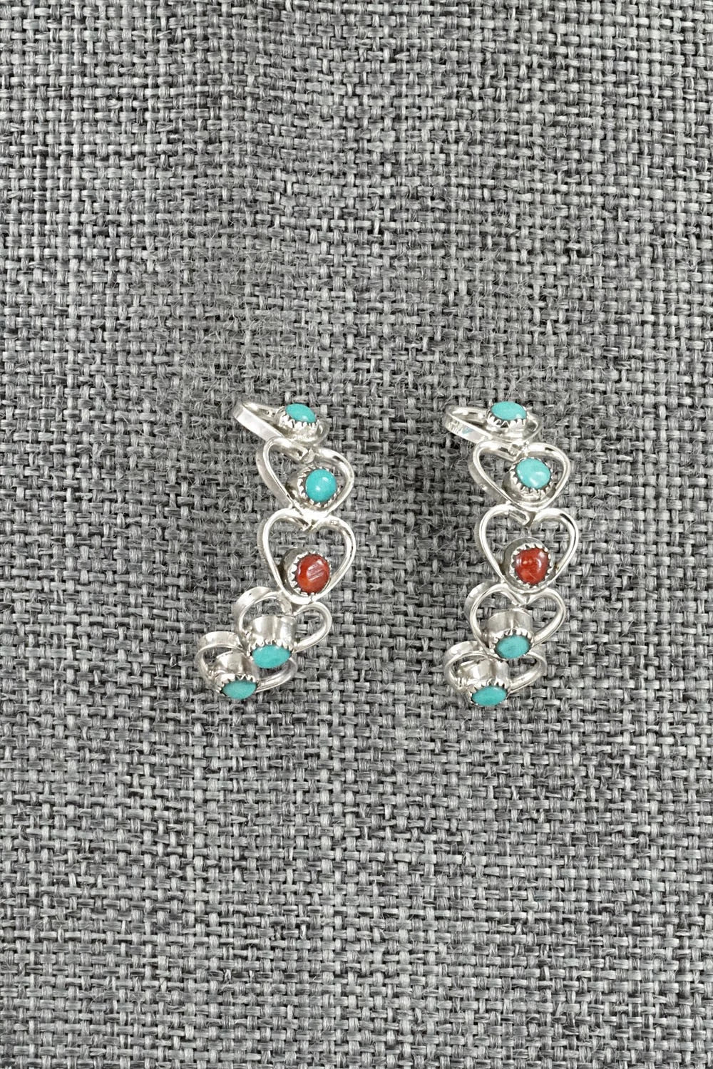 Turquoise, Coral & Sterling Silver Earrings - Hazel Pablito