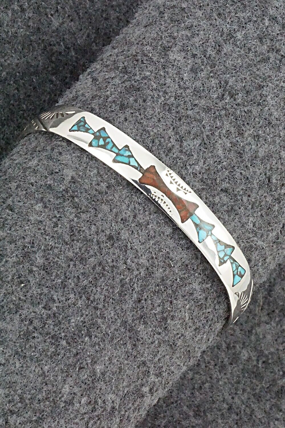 Turquoise, Coral Chip Inlay & Sterling Silver Bracelet - Joleen Yazzie