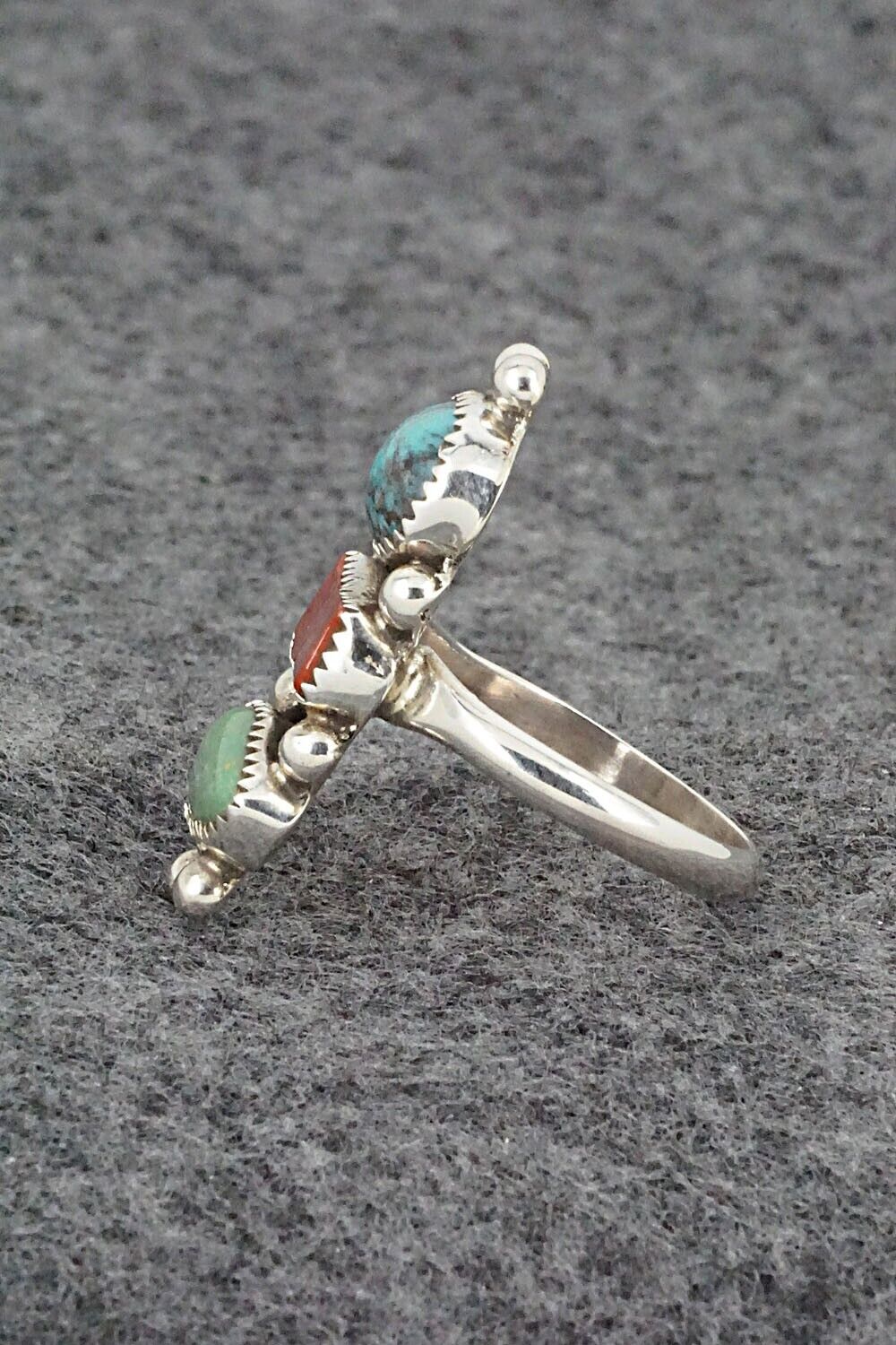 Turquoise, Coral & Sterling Silver Ring - Priscilla Reeder - Size 7.5