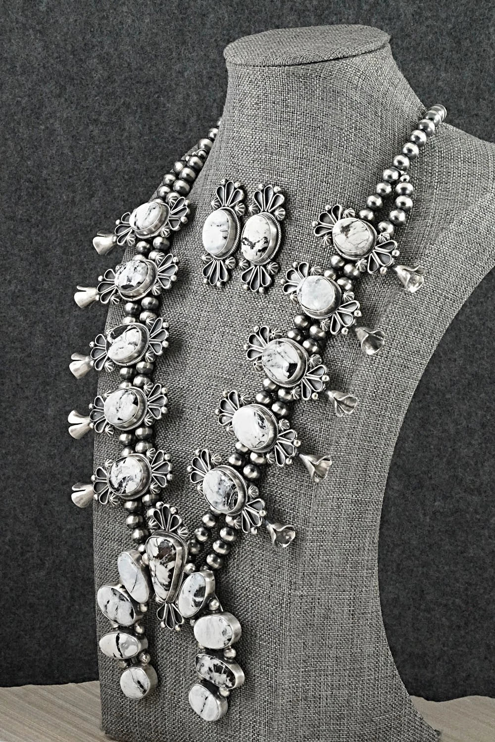 White Buffalo & Sterling Silver Squash Blossom Set - Paul Livingston