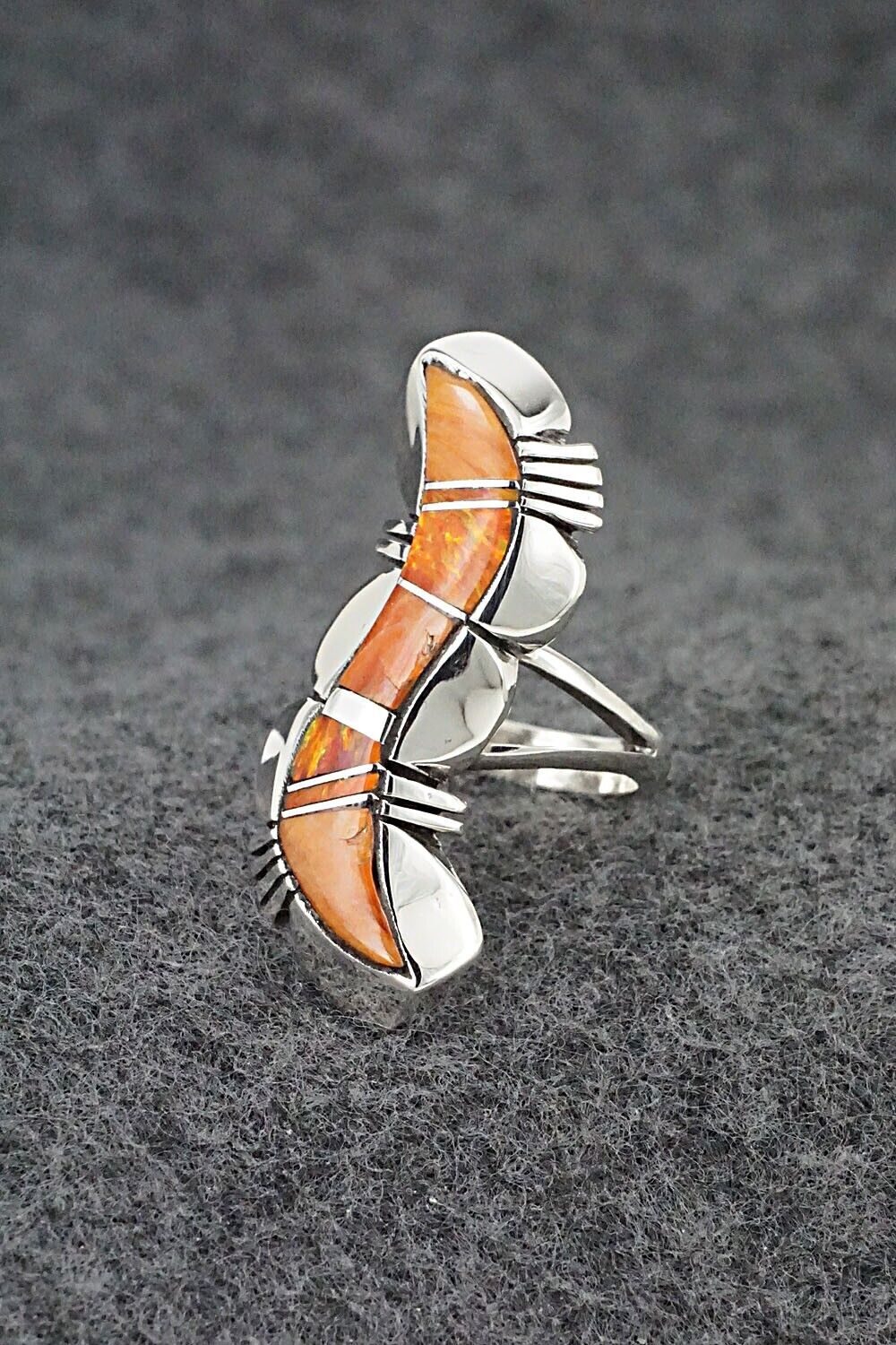 Spiny Oyster, Opalite & Sterling Silver Inlay Ring - James Manygoats - Size 6