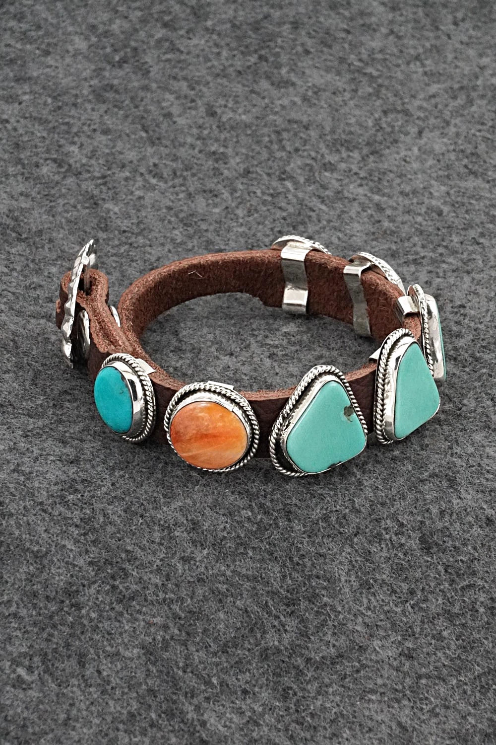 Turquoise, Spiny Oyster, Sterling Silver & Leather Bracelet - Marlene Ramone