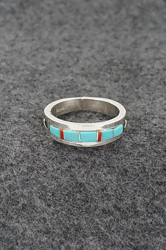 Turquoise, Coral & Sterling Silver Ring - Wilbert Muskett - Size 10.5