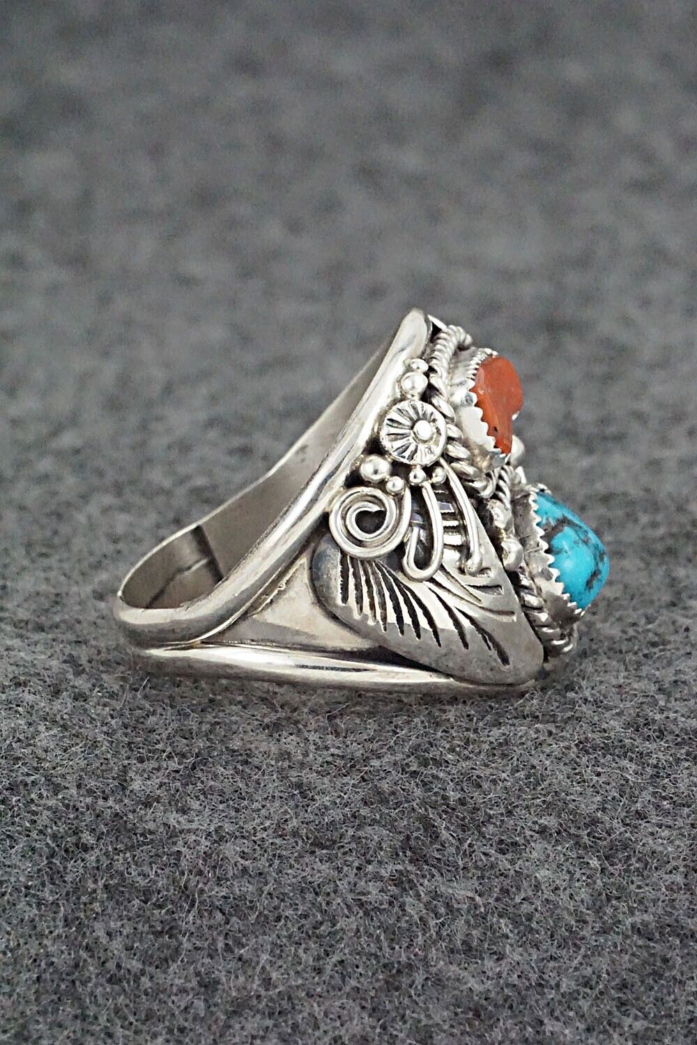 Turquoise, Coral & Sterling Silver Ring - Leonard Spencer - Size 12