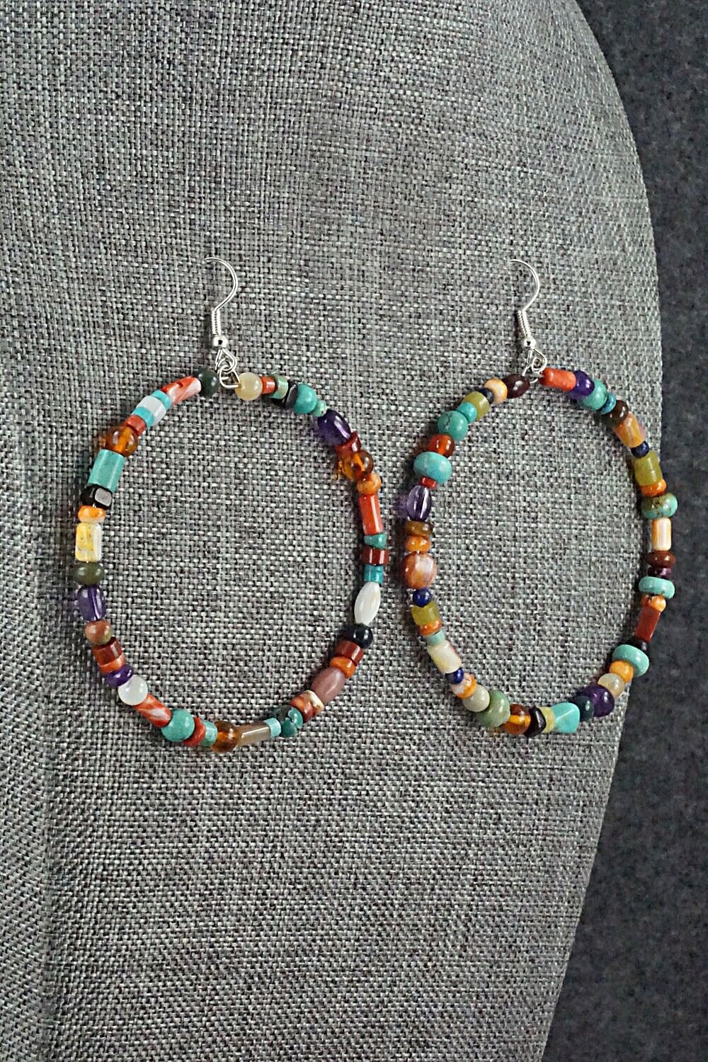 Multi Stone & Sterling Silver Hoop Earrings - Helen Tsosie