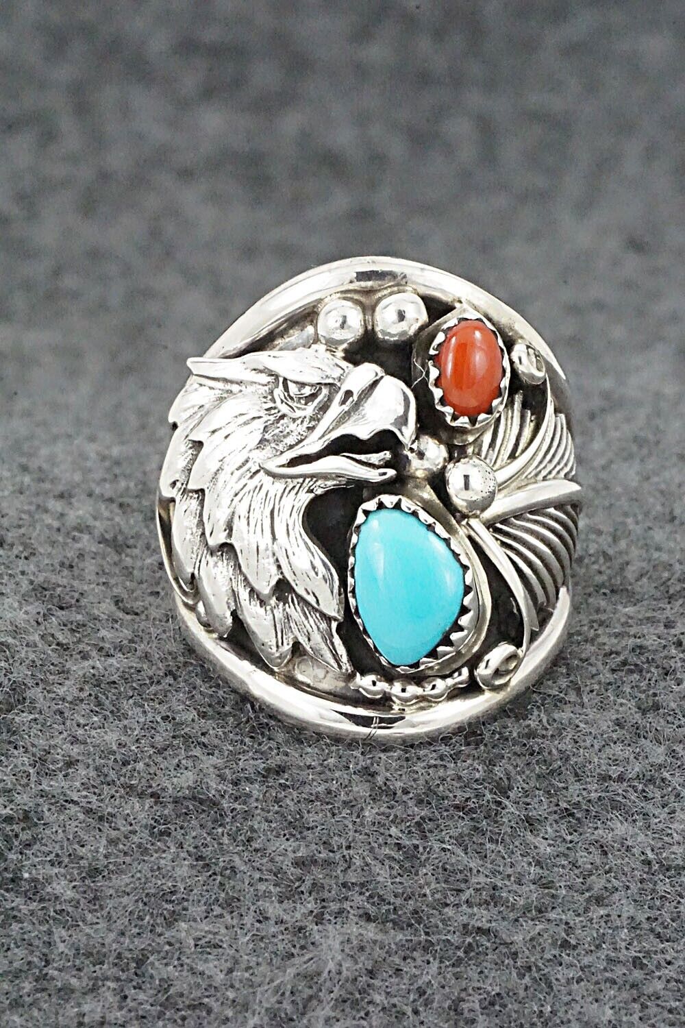Turquoise, Coral & Sterling Silver Ring - Jeannette Saunders - Size 11