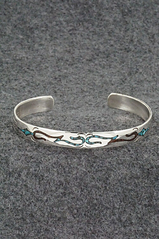Turquoise, Coral Chip Inlay & Sterling Silver Bracelet - Joleen Yazzie