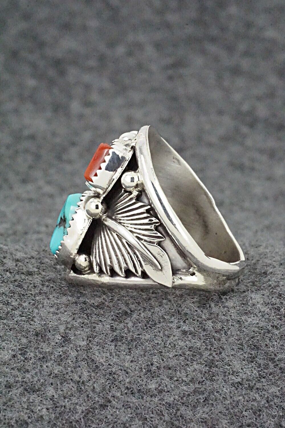 Turquoise, Coral & Sterling Silver Ring - Jeannette Saunders - Size 11.5