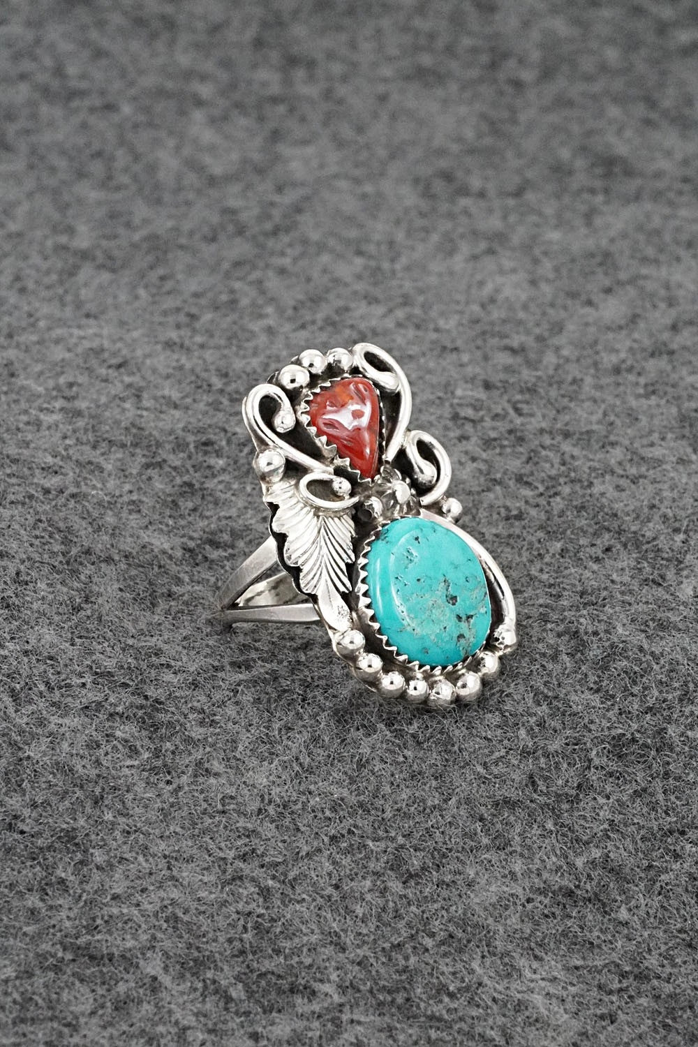 Turquoise, Coral & Sterling Silver Ring - Herbert Begaye - Size 7