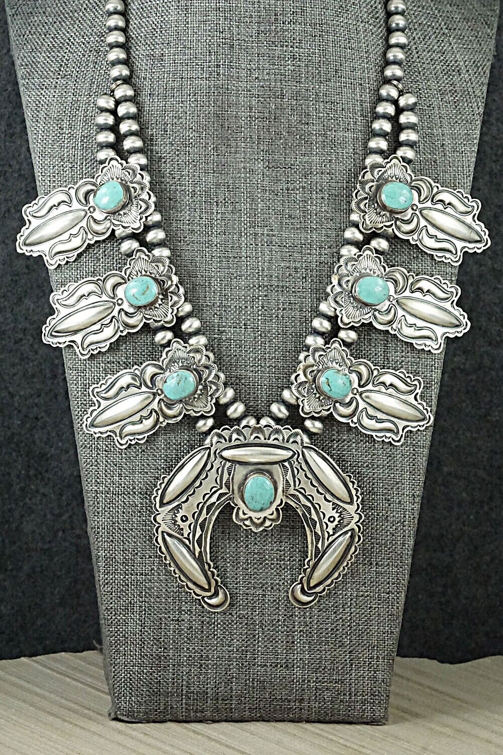 Turquoise & Sterling Silver Squash Blossom Necklace - Roland Dixson