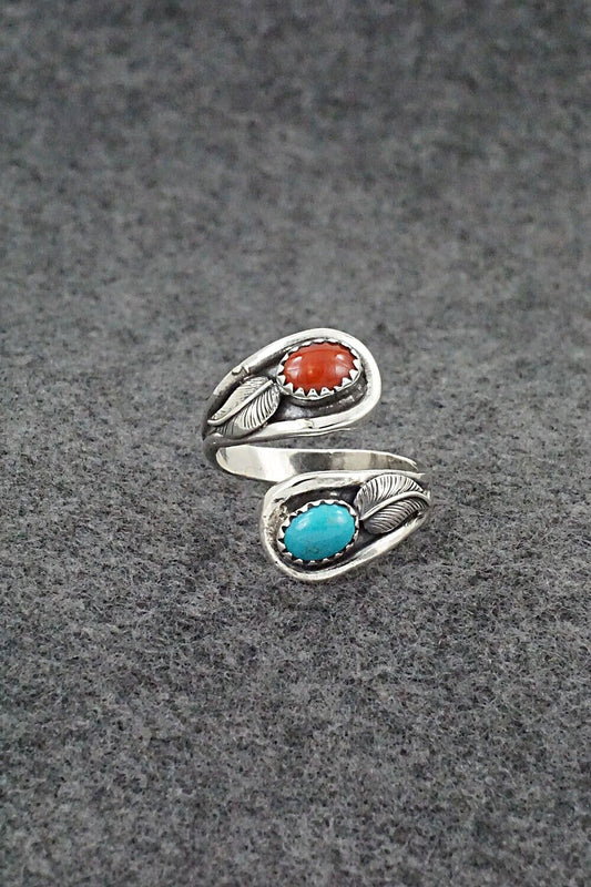 Turquoise, Coral & Sterling Silver Ring - Angela Platero - Size 7