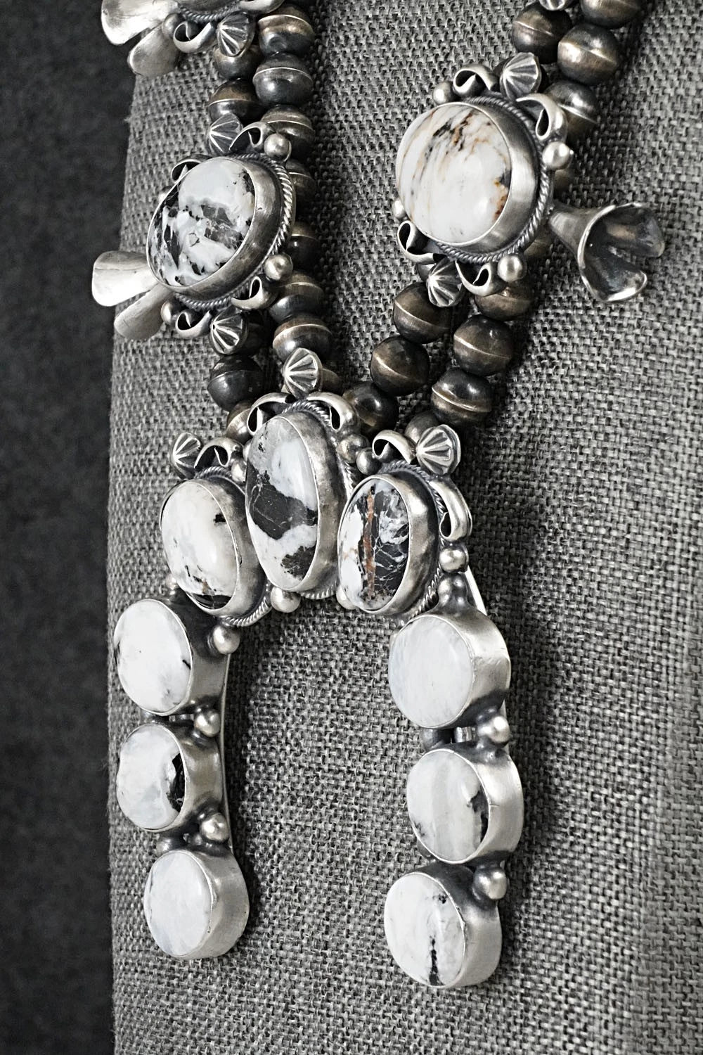 White Buffalo & Sterling Silver Squash Blossom Set - Paul Livingston