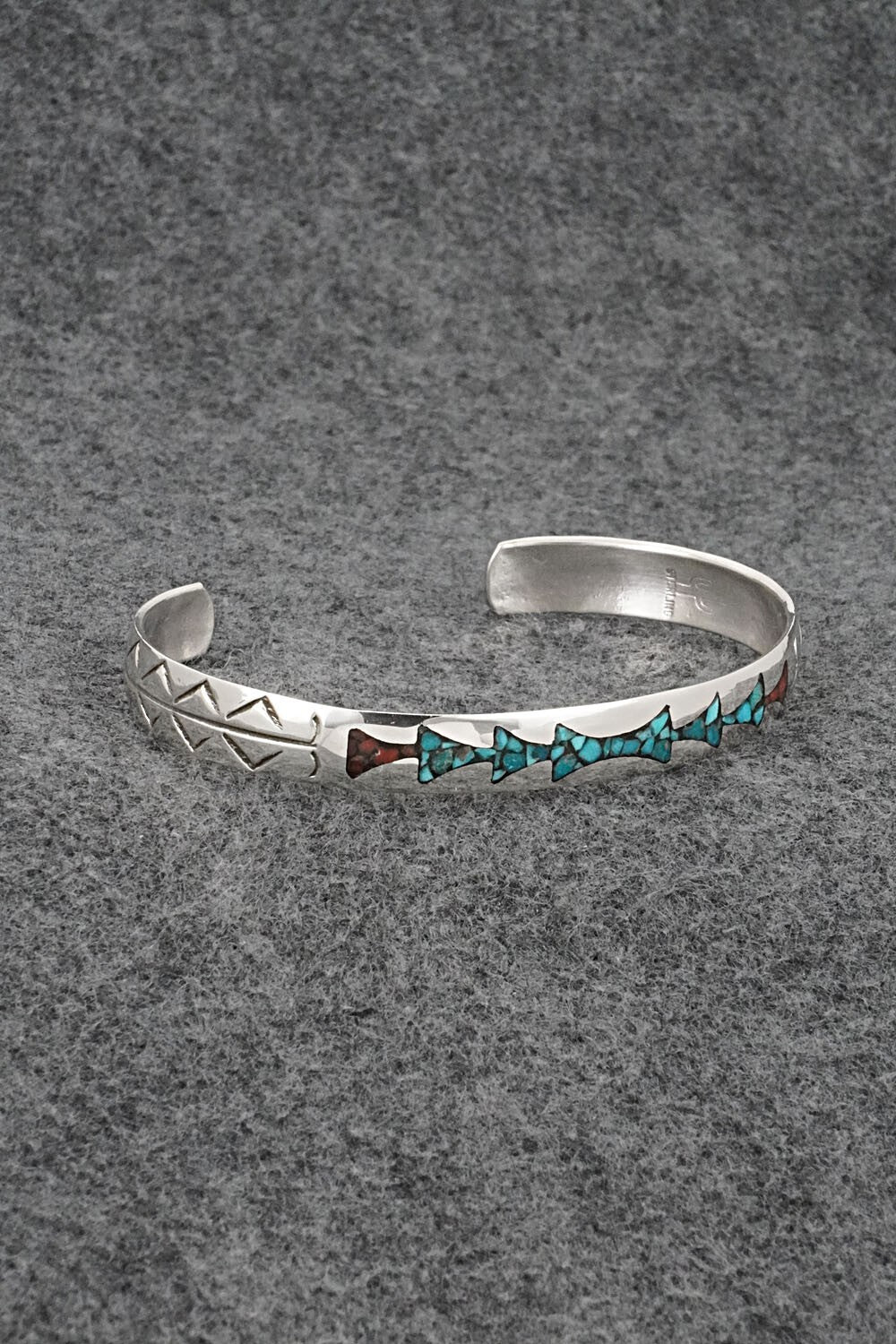 Turquoise, Coral Chip Inlay & Sterling Silver Bracelet - Joleen Yazzie