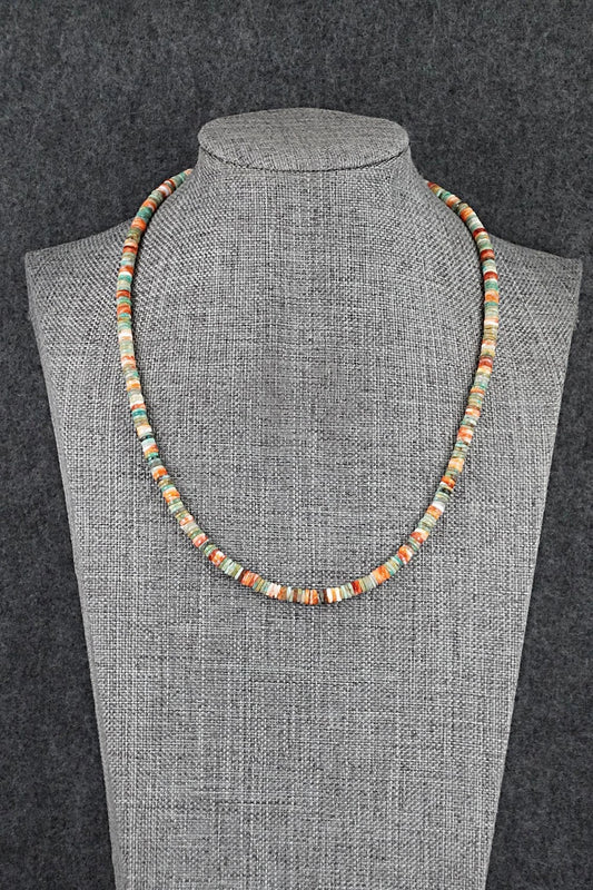 Turquoise, Spiny Oyster & Sterling Silver Necklace 17" - Doreen Jake