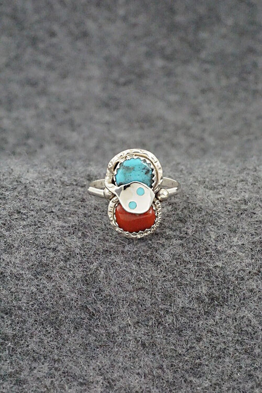 Turquoise, Coral & Sterling Silver Ring - Joy Calavaza - Size 7.5