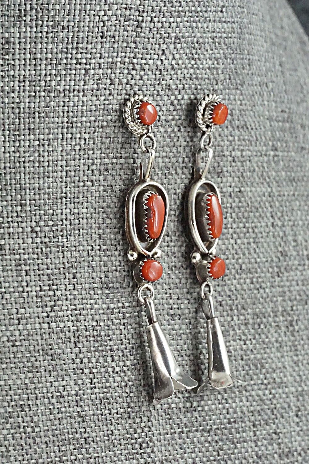 Coral & Sterling Silver Squash Blossom and Earrings Set - Vie Bobelu