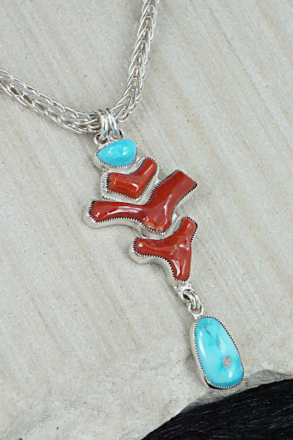 Turquoise, Coral & Sterling Silver Necklace - Smokey Gchachu