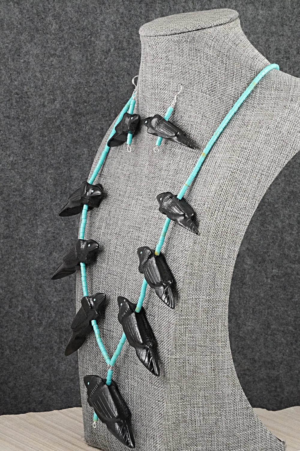 Turquoise, Jet Zuni Fetish & Sterling Silver Necklace Set - Herbert Halate