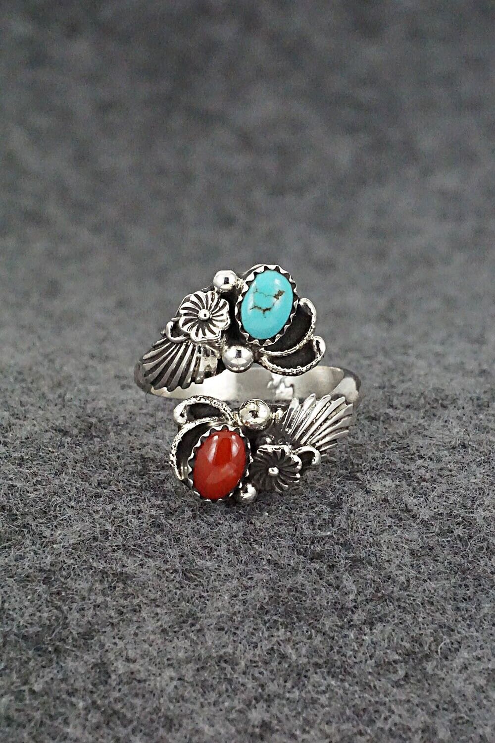 Turquoise, Coral & Sterling Silver Ring - Etta Belin - Size 9