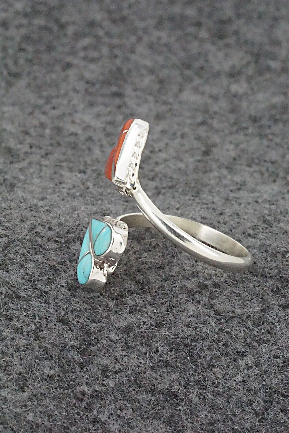 Turquoise, Coral & Sterling Silver Ring - Velda Nastacio - Size 8 Adj.