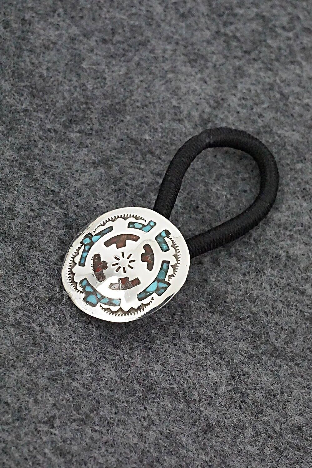 Turquoise, Coral Chip Inlay & Sterling Silver Hair Tie - Joleen Yazzie