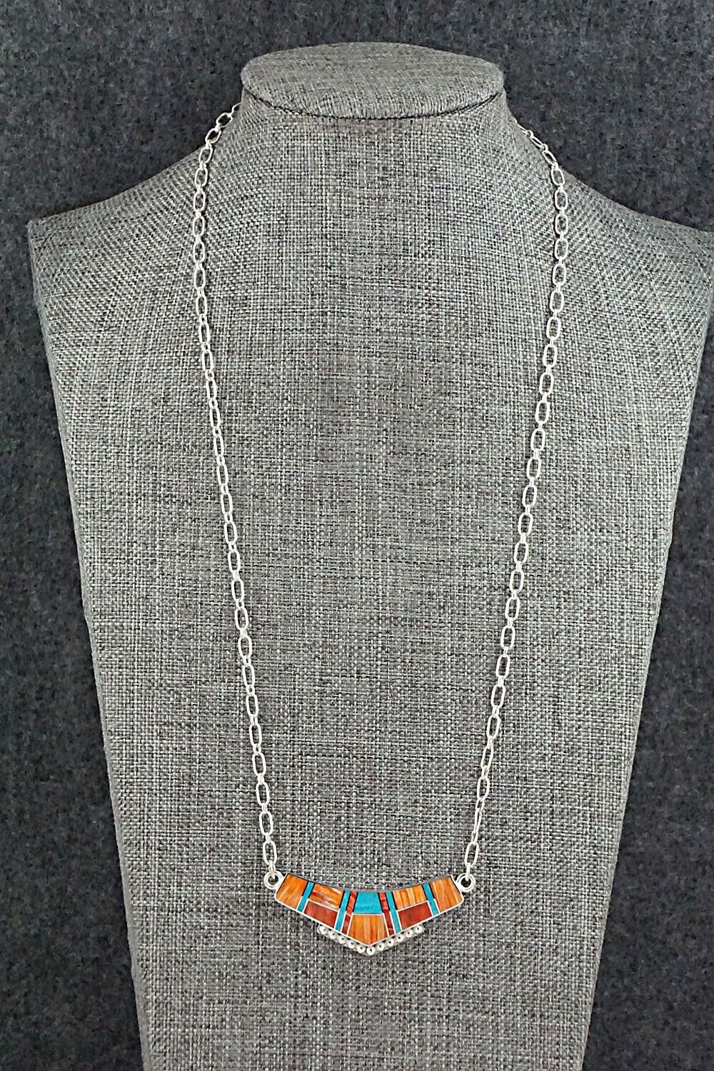 Turquoise, Spiny Oyster & Sterling Silver Inlay Necklace - Curtis Manygoats