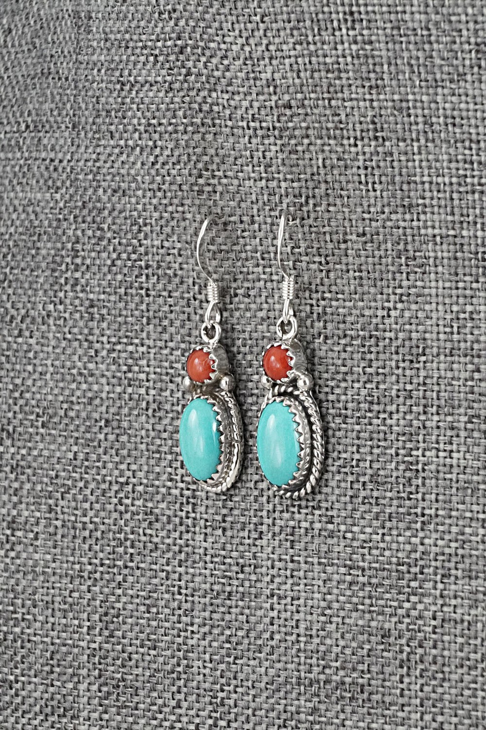 Turquoise, Coral & Sterling Silver Earrings - Verley Betone