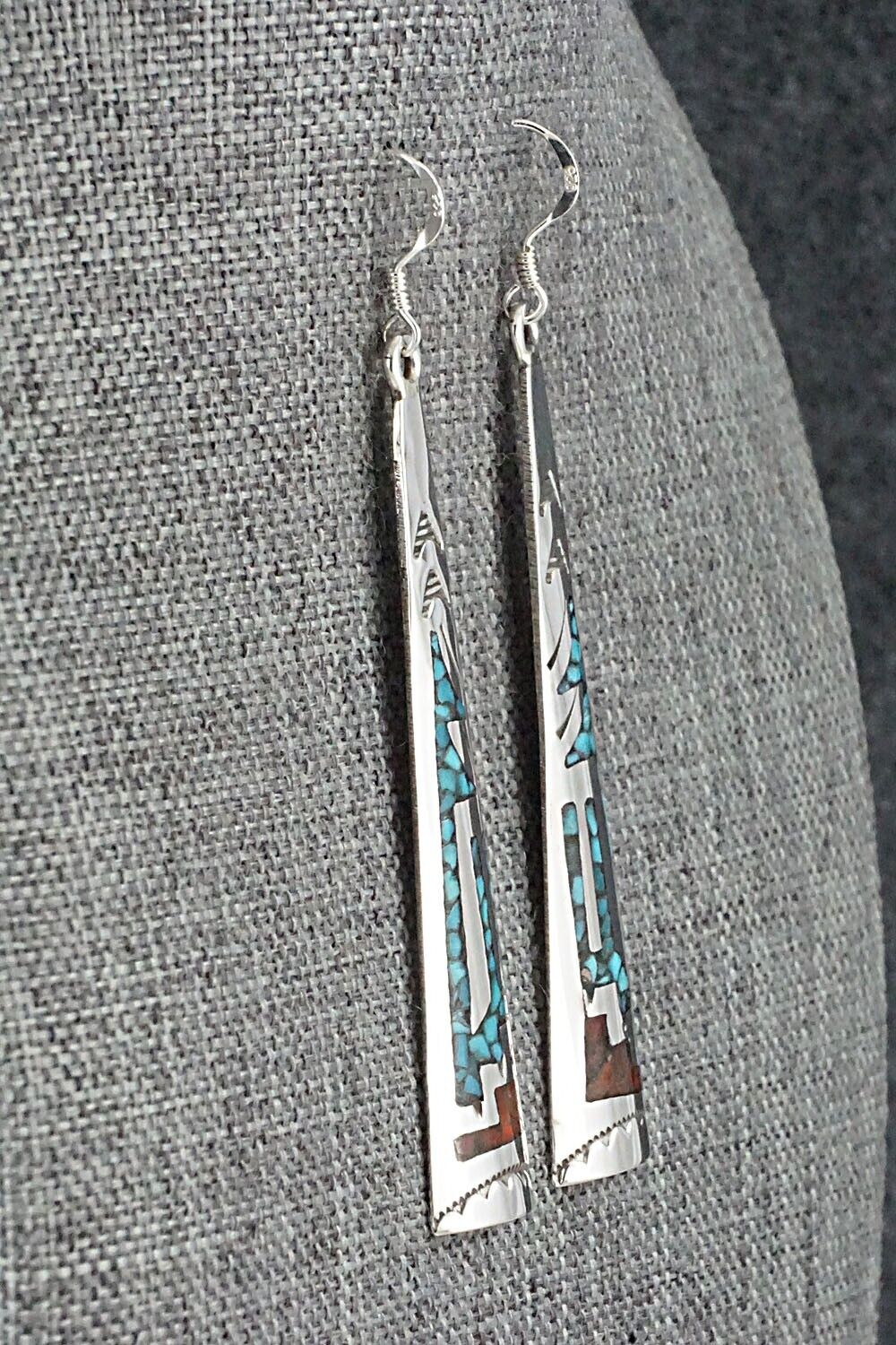 Turquoise, Coral & Sterling Silver Earrings - Jolene Yazzie