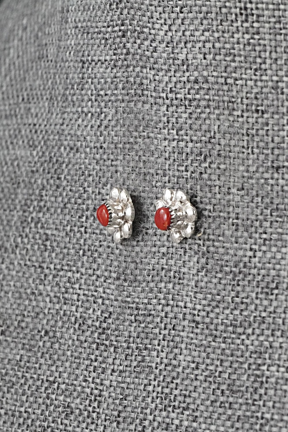 Coral and Sterling Silver Earrings - Ronald Yatsattie