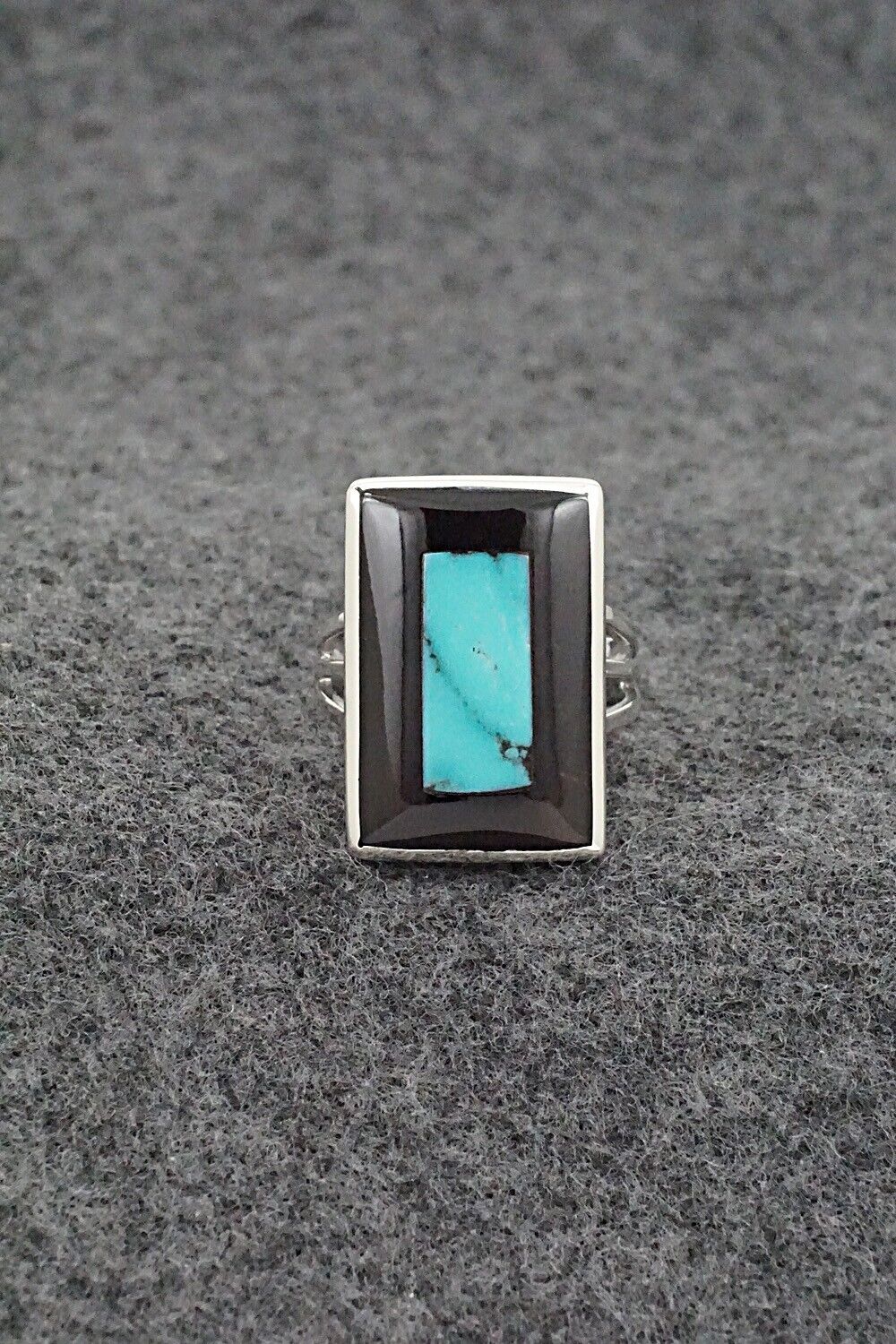 Turquoise, Onyx & Sterling Silver Inlay Ring - Harlen Consis - Size 7.25