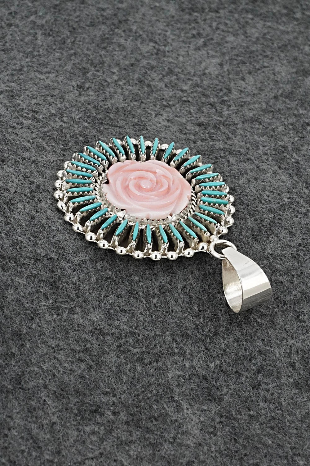 Turquoise, Pink Conch & Sterling Silver Pendant - Roland Francisco