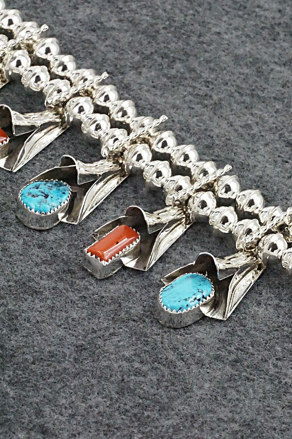 Turquoise, Coral & Sterling Silver Squash Blossom Set - Louise Yazzie