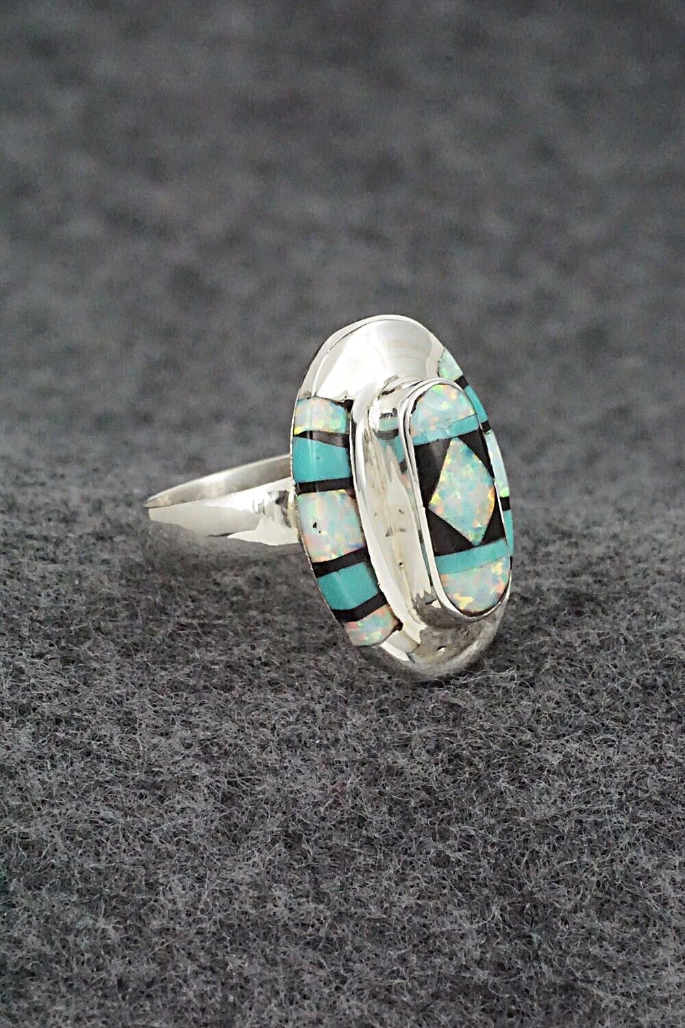 Turquoise, Onyx, Opalite & Sterling Silver Ring - Ophelia Panteah - Sz. 8