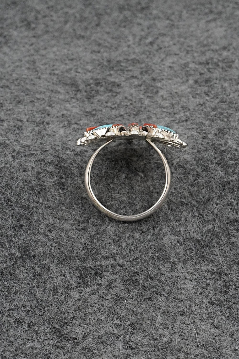 Turquoise, Coral & Sterling Silver Ring - Jack Etsate - Size 8.5