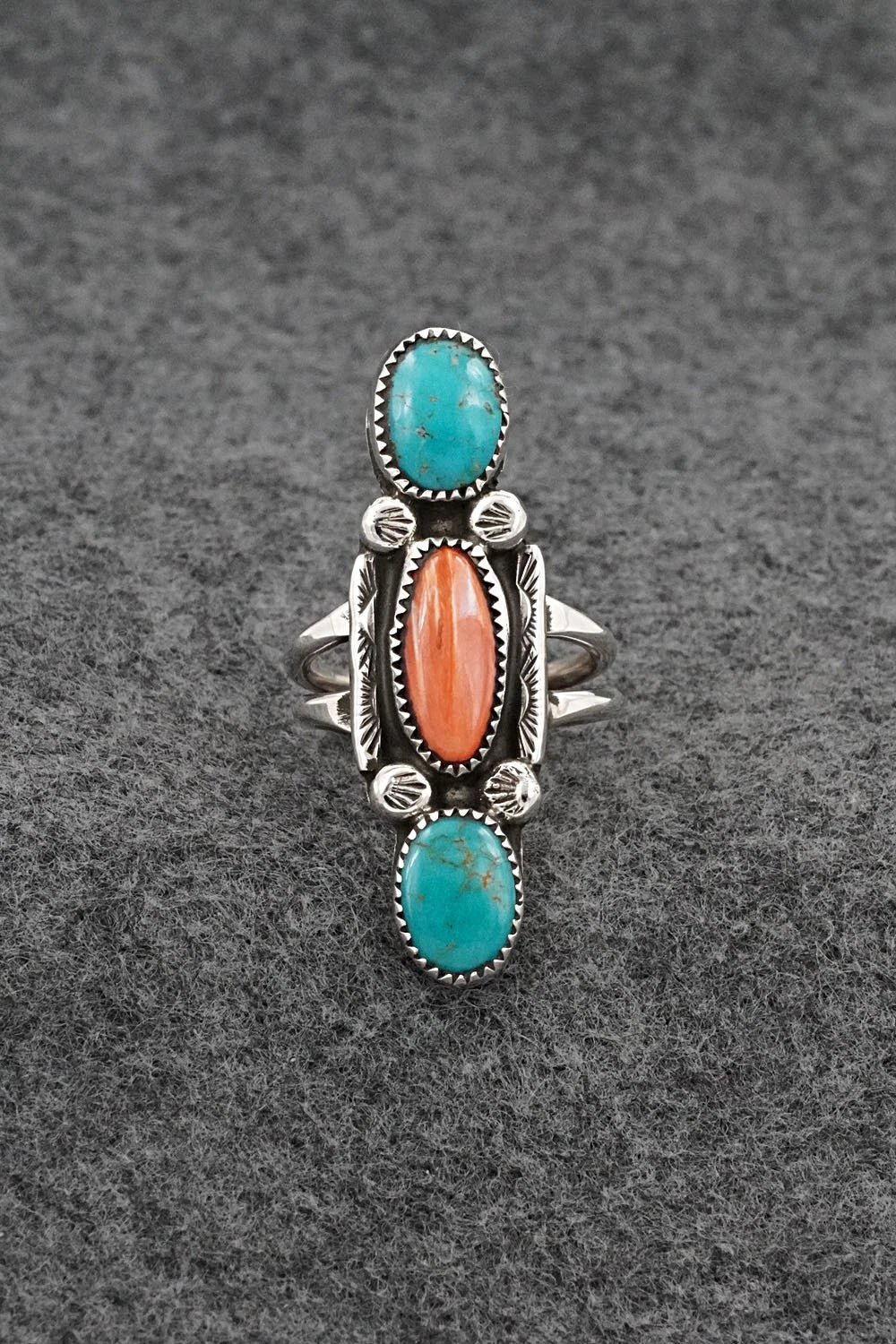 Turquoise, Spiny Oyster & Sterling Silver Ring - Priscilla Reeder - Size 8