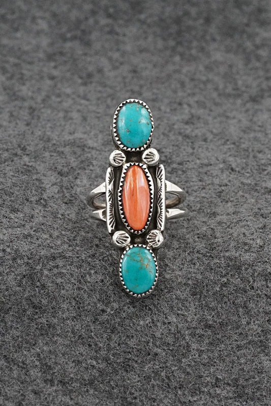 Turquoise, Spiny Oyster & Sterling Silver Ring - Priscilla Reeder - Size 8