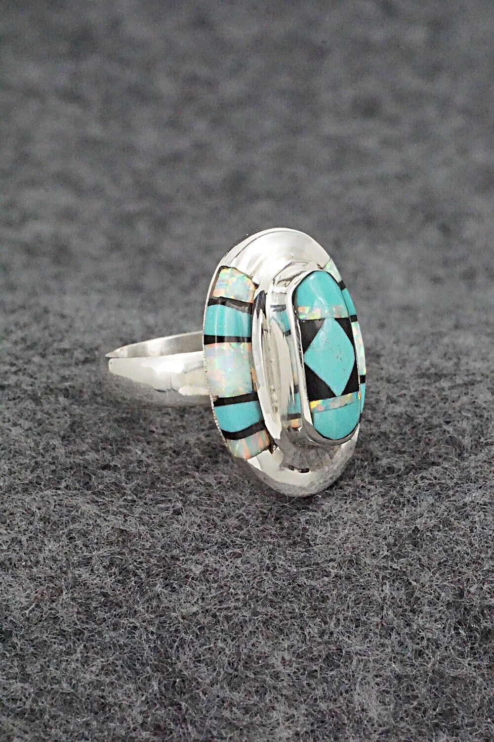 Turquoise, Onyx, Opalite & Sterling Silver Ring - Ophelia Panteah - Sz. 6.75