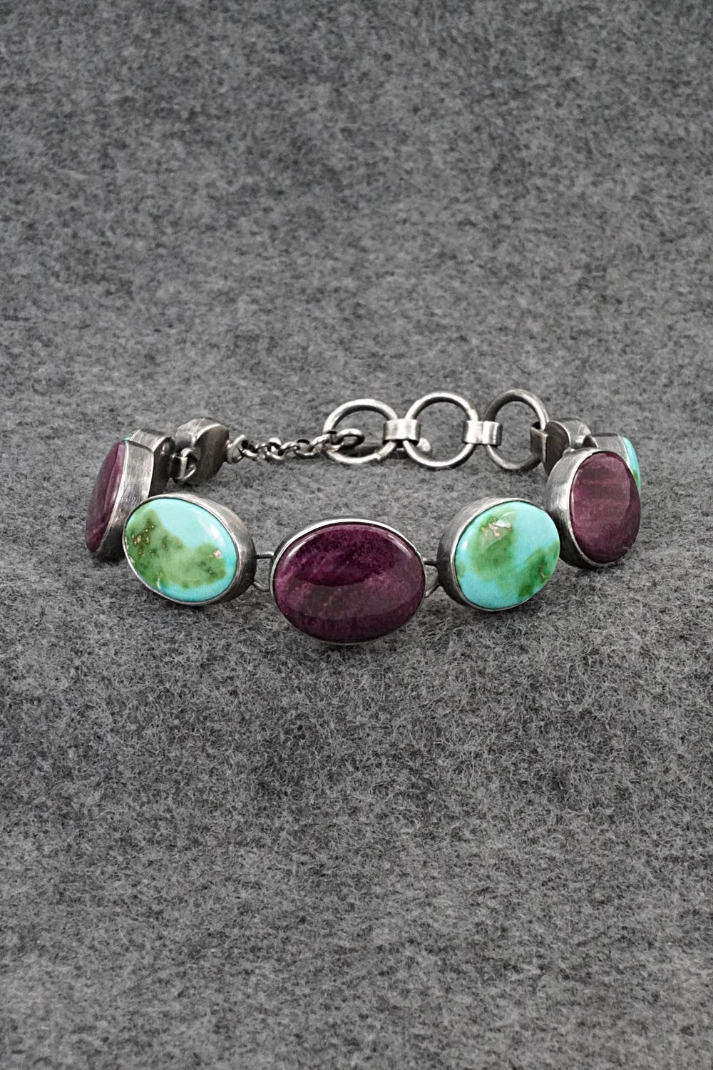 Turquoise, Spiny Oyster & Sterling Silver Link Bracelet - Diane Wylie