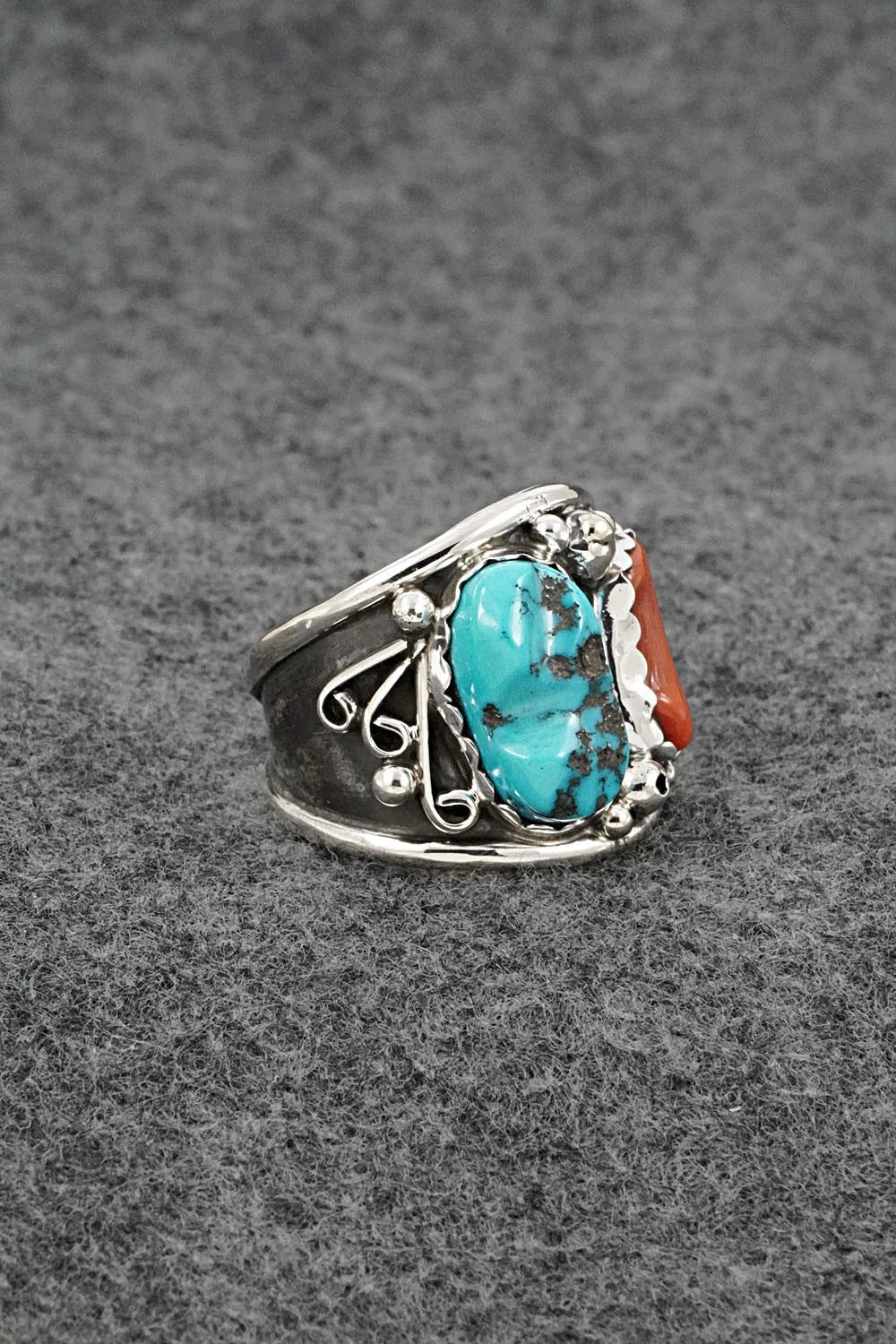Turquoise, Coral & Sterling Silver Ring - Darrell Morgan - Size 11
