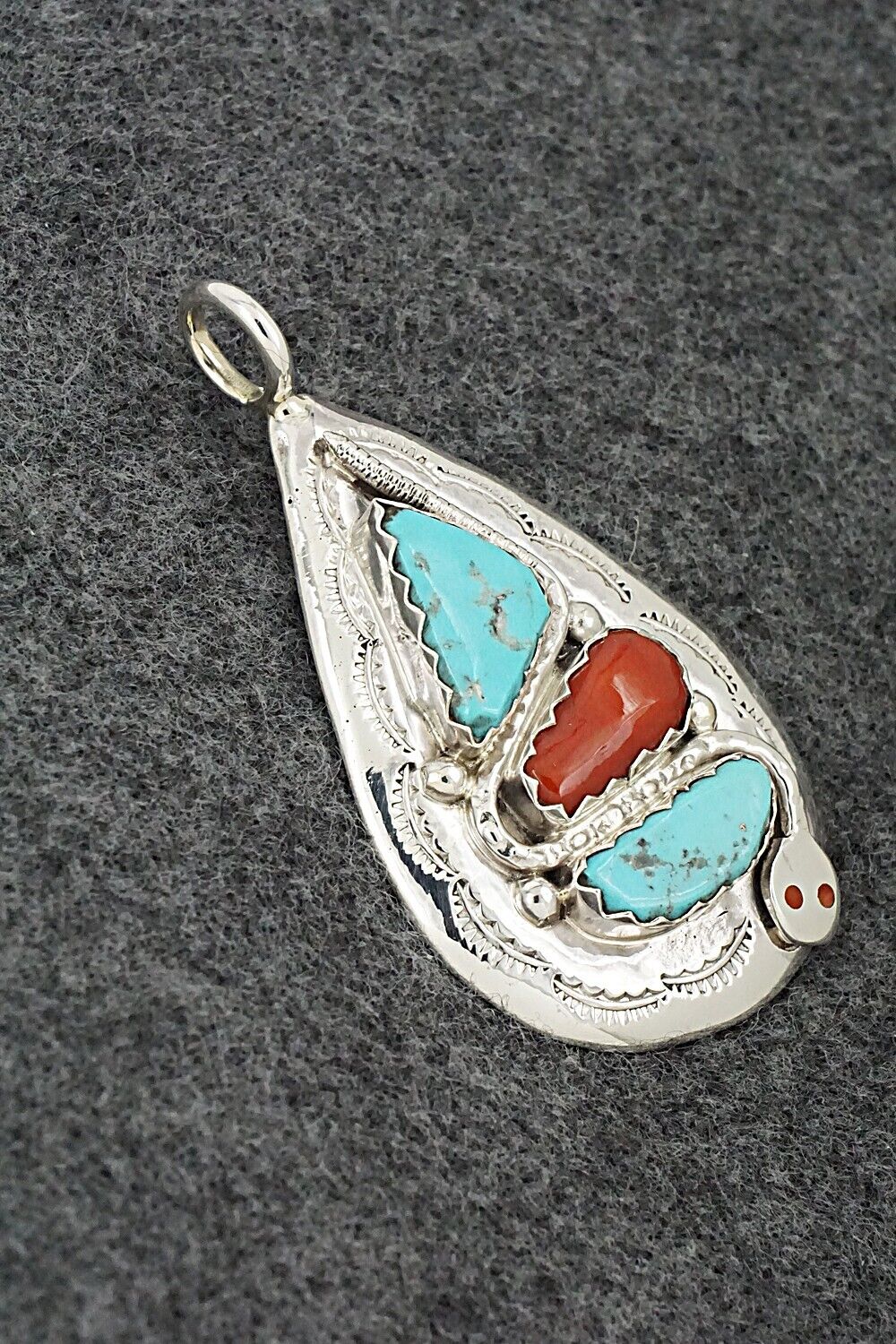 Turquoise, Coral and Sterling Silver Pendant - Joy Calavaza