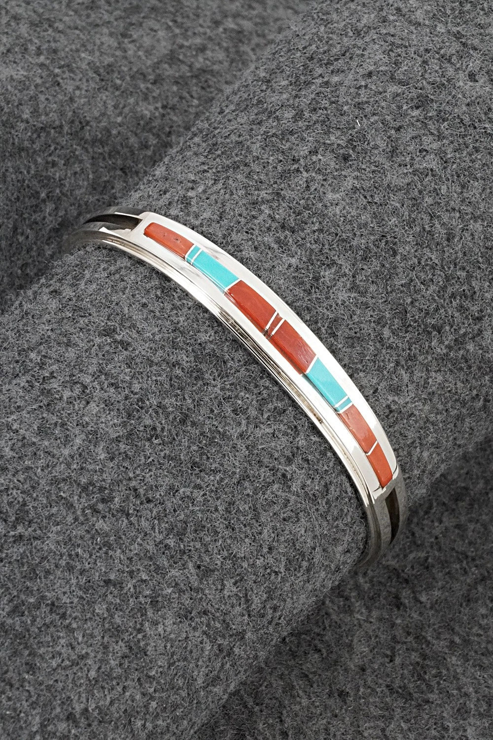 Turquoise, Coral Inlay & Sterling Silver Bracelet - Wilbert Muskett