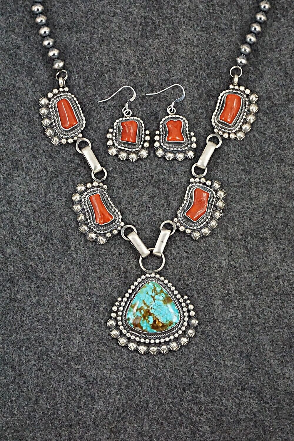 Turquoise, Coral & Sterling Silver Necklace and Earrings Set - Tom Lewis