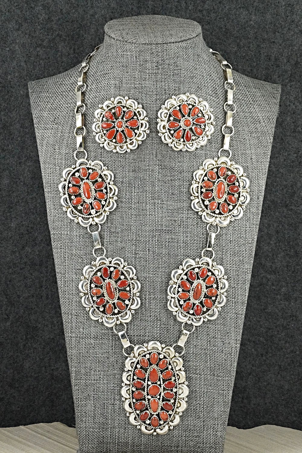 Coral & Sterling Silver Necklace and Earrings Set - Eunice Wilson