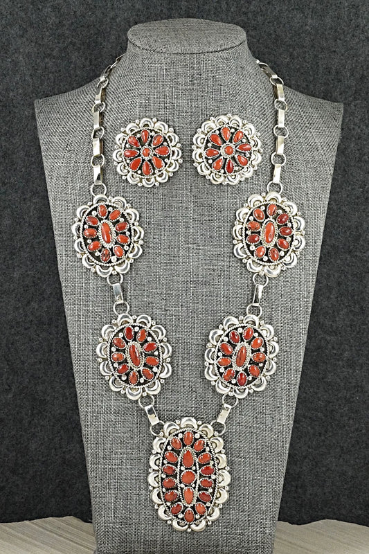 Coral & Sterling Silver Necklace and Earrings Set - Eunice Wilson