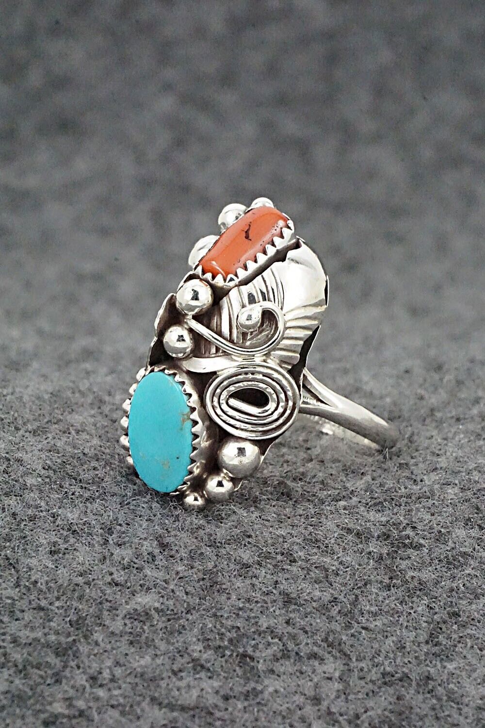 Turquoise, Coral & Sterling Silver Ring - Max Calladitto - Size 8.5
