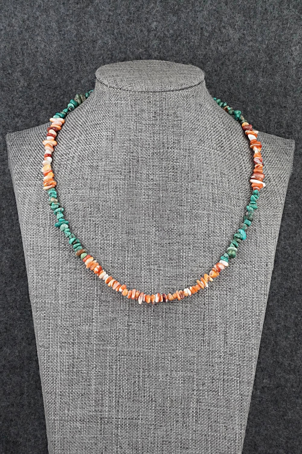 Turquoise, Spiny Oyster & Sterling Silver Necklace 17" - Doreen Jake