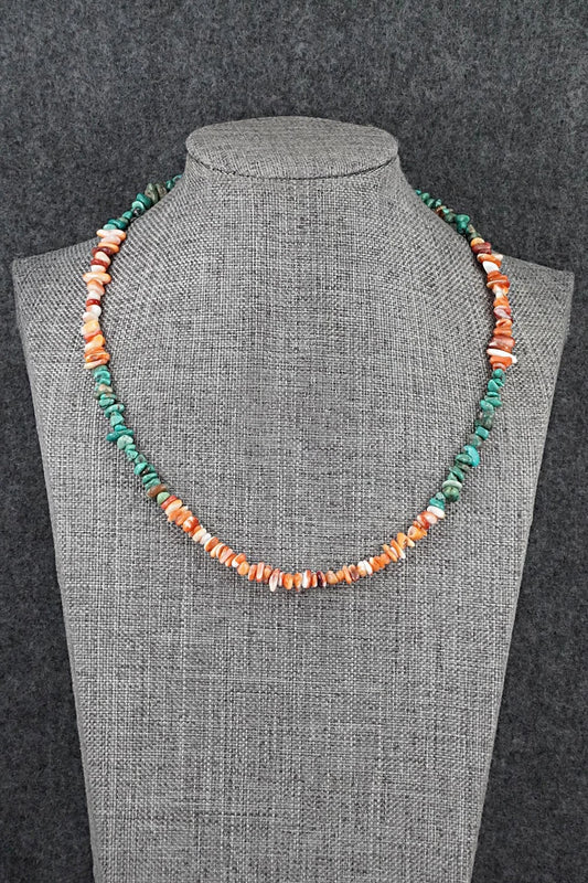 Turquoise, Spiny Oyster & Sterling Silver Necklace 17" - Doreen Jake