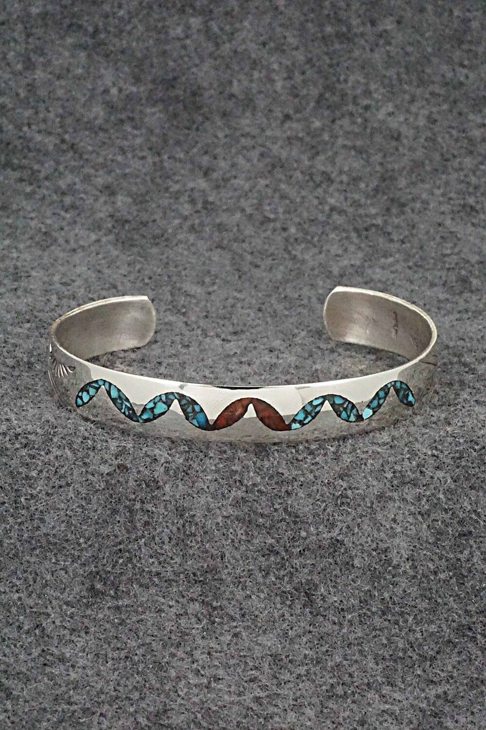Turquoise, Coral Chip Inlay & Sterling Silver Bracelet - Joleen Yazzie