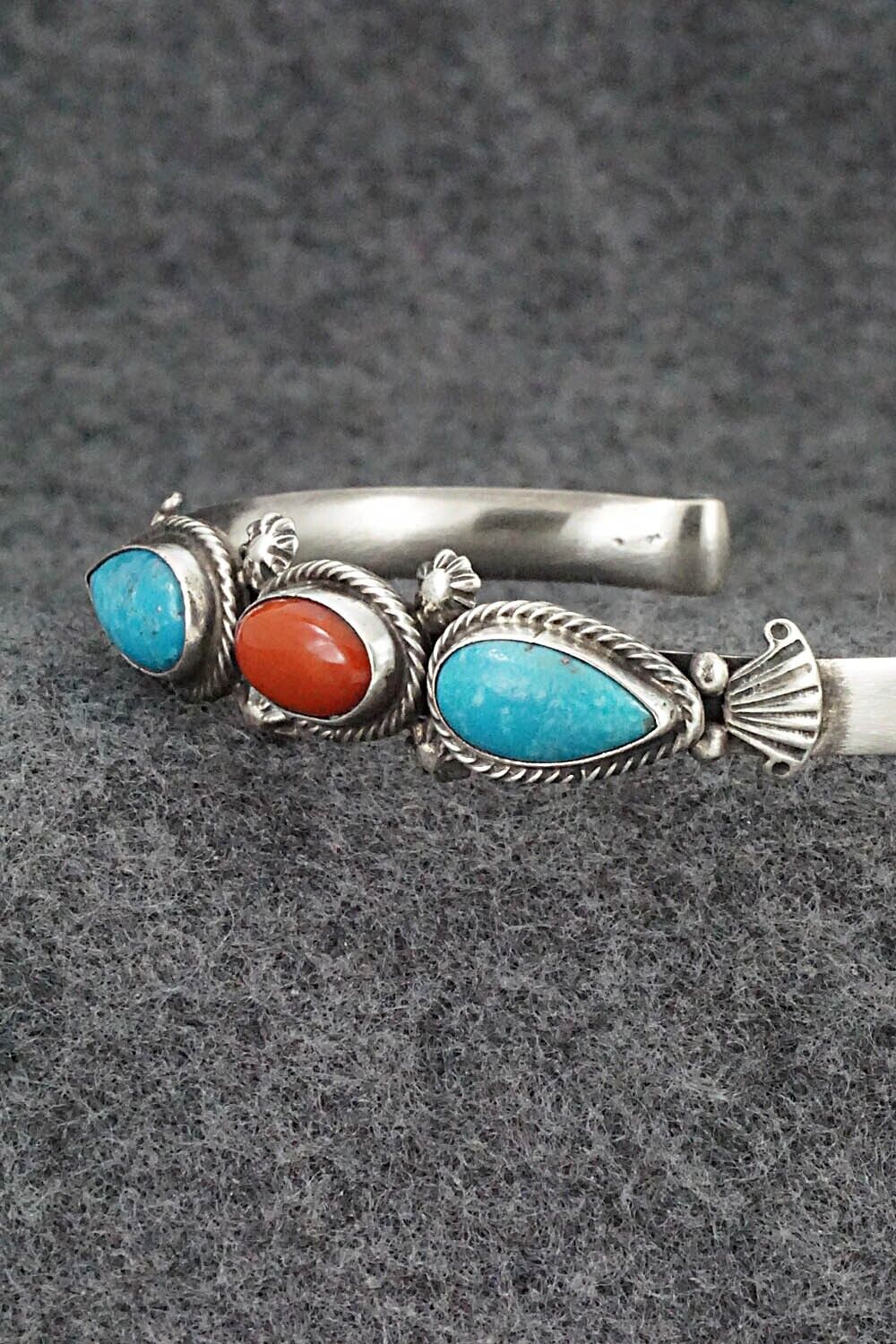 Turquoise, Coral & Sterling Silver Bracelet - Bobby Platero