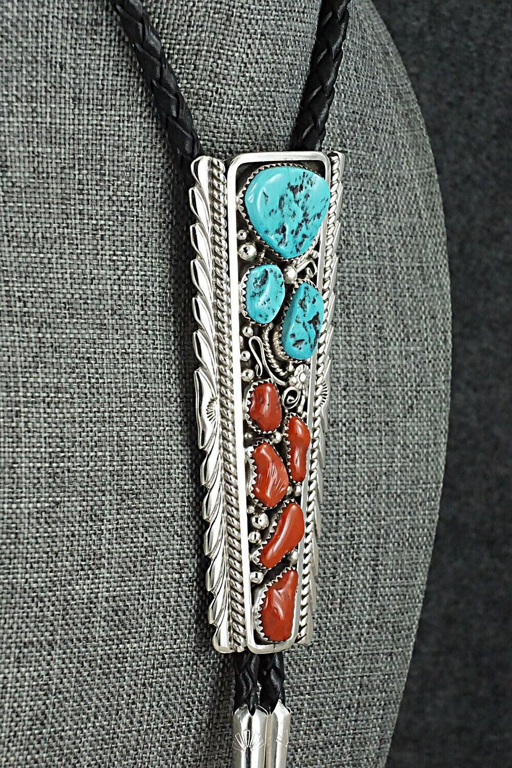 Turquoise, Coral & Sterling Silver Bolo Tie - Martin Muskett